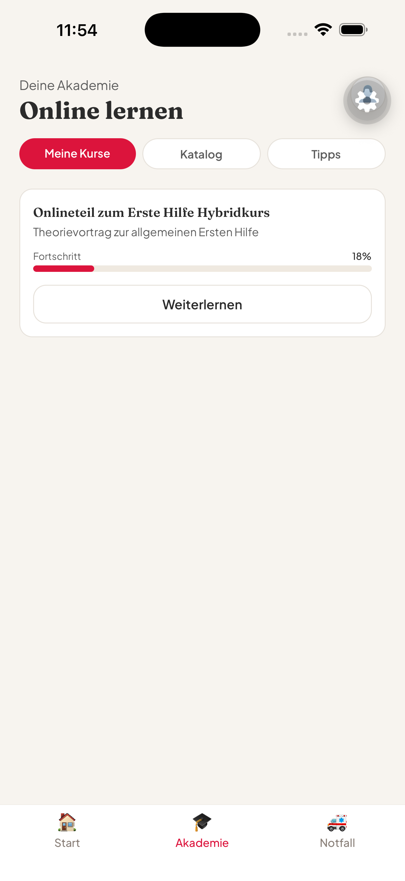 Screenshot: Online-Akademie mit dem eigenen Kursfortschritt